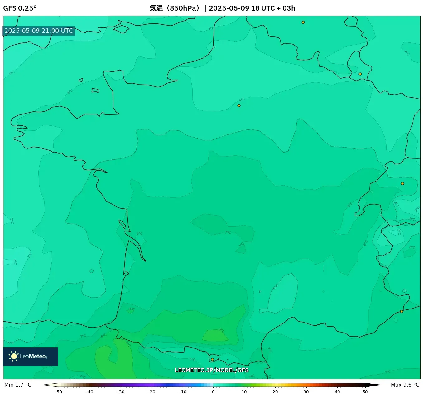 GFS - フランス, 気温(850hPa) GFS - フランス, 気温(850hPa)