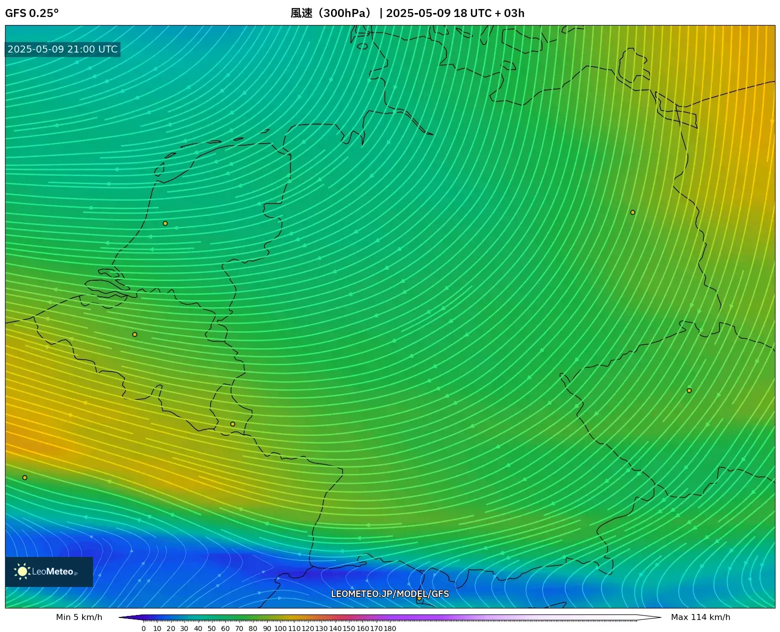 GFS - ドイツ, 風速(300hPa) GFS - ドイツ, 風速(300hPa)