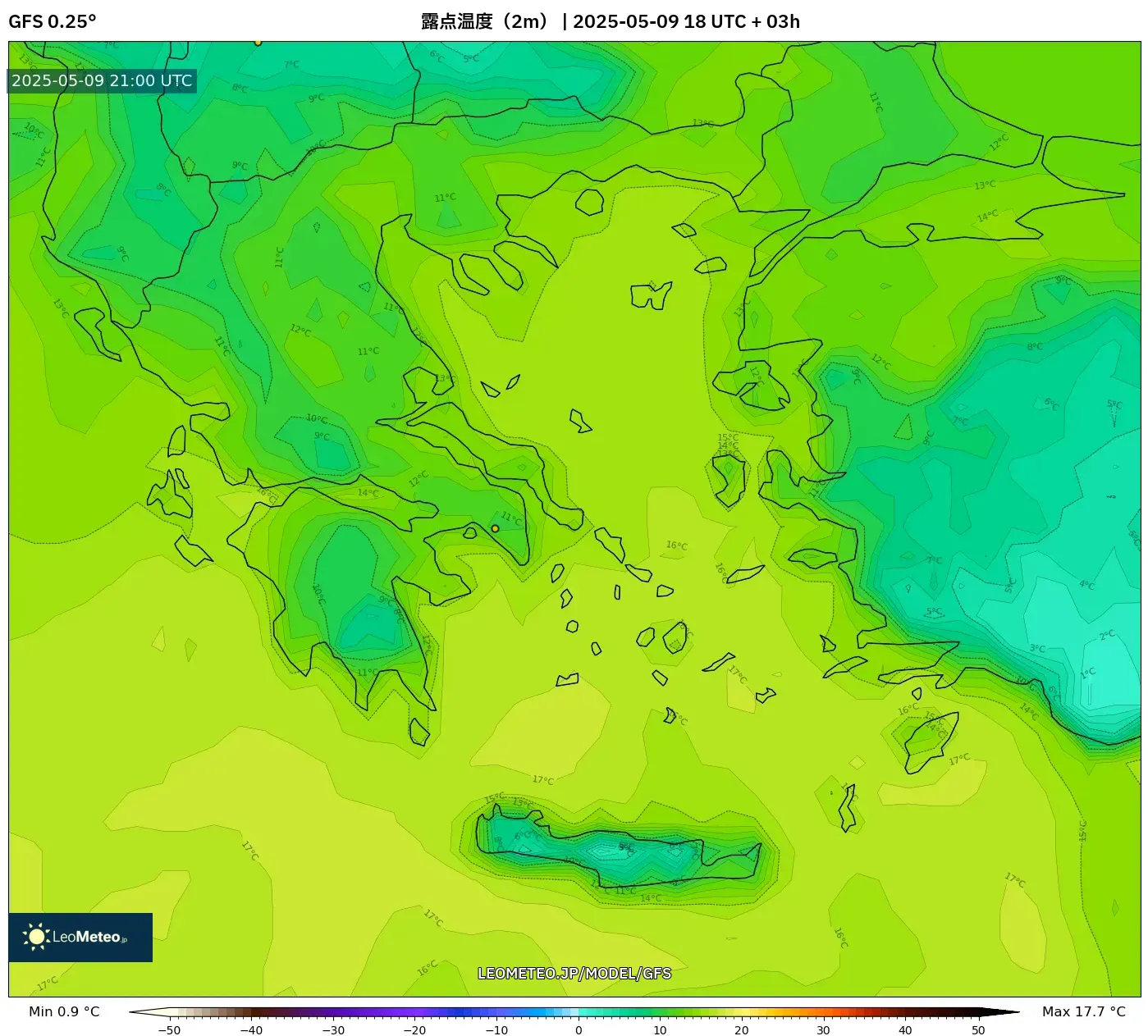 GFS - ギリシャ, 露点温度(2m) GFS - ギリシャ, 露点温度(2m)