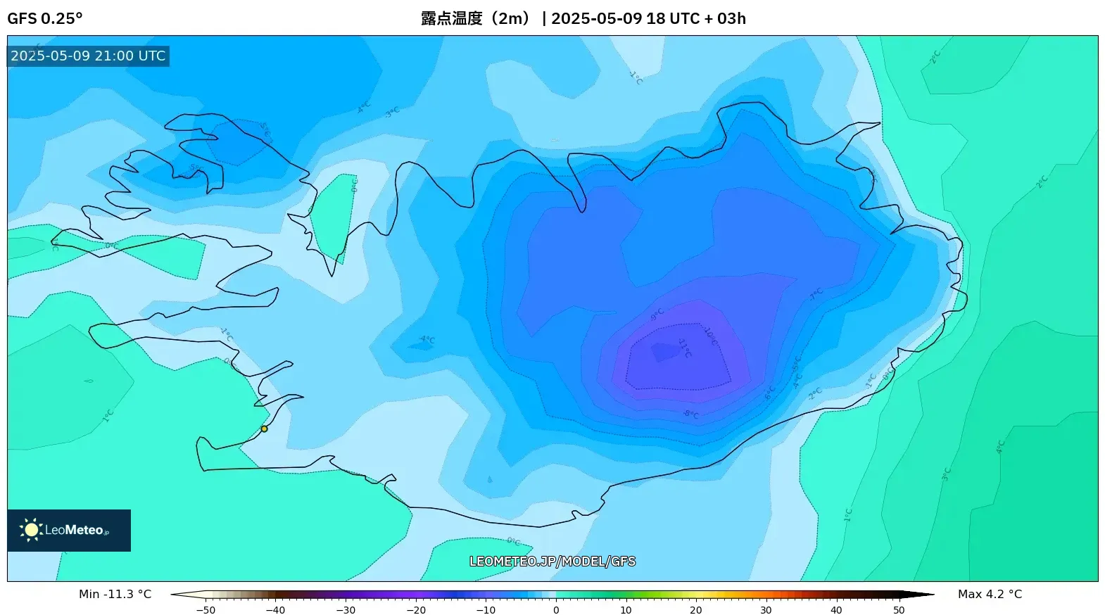 GFS - アイスランド, 露点温度(2m) GFS - アイスランド, 露点温度(2m)