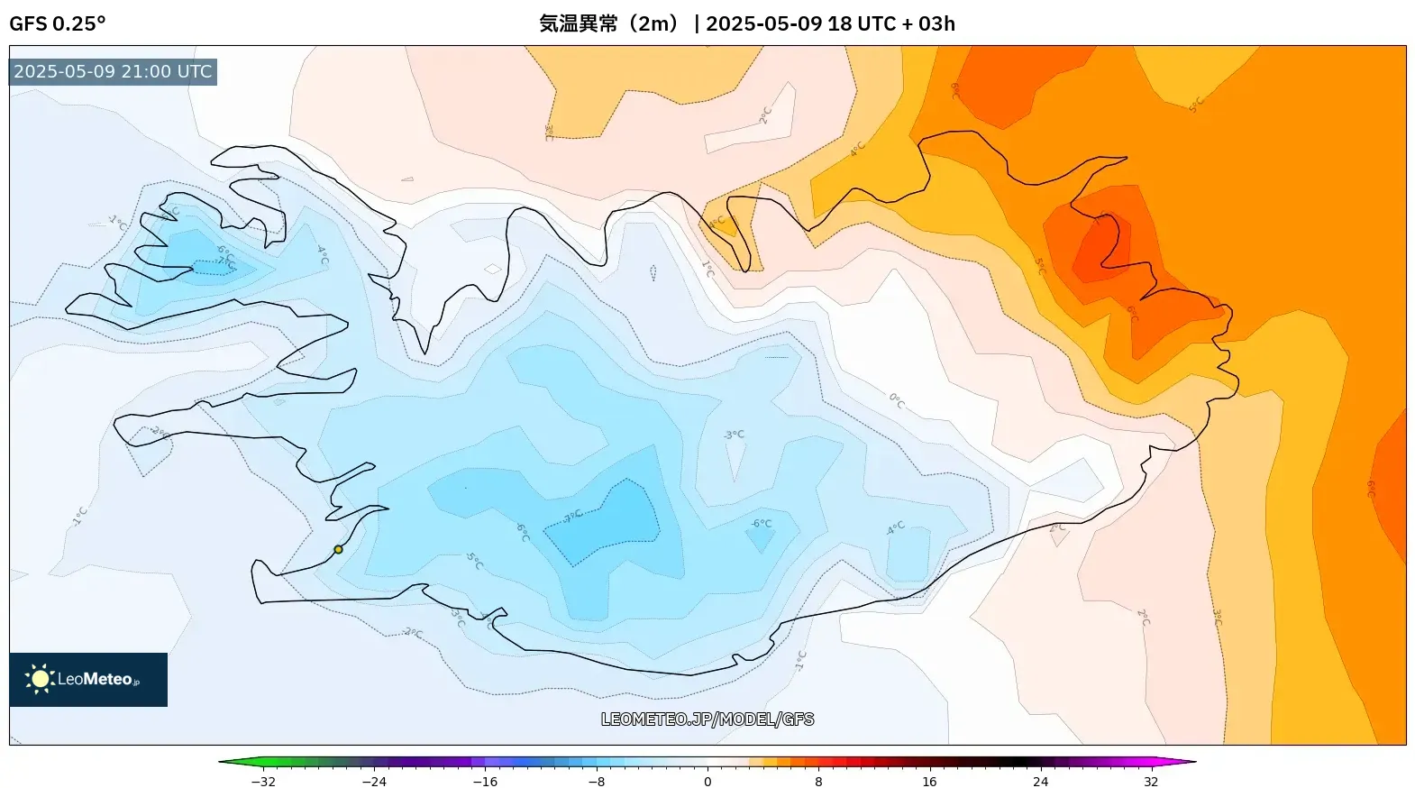 GFS - アイスランド, 気温異常(2m) GFS - アイスランド, 気温異常(2m)