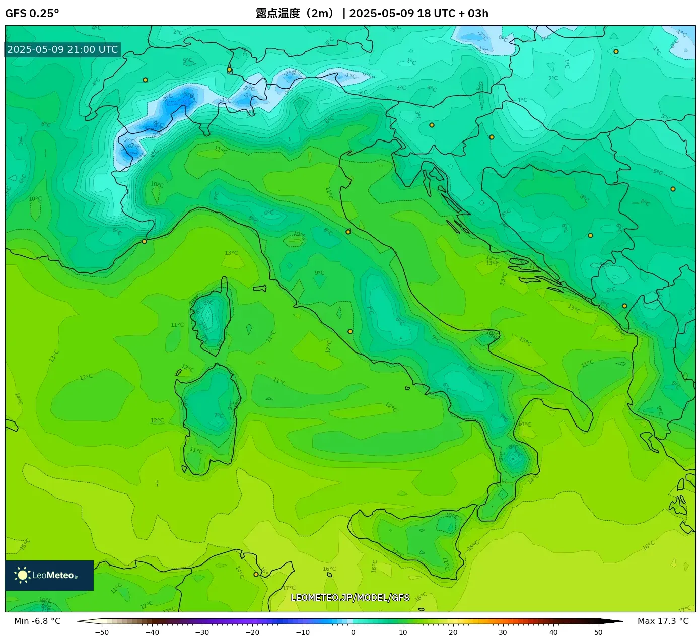 GFS - イタリア, 露点温度(2m) GFS - イタリア, 露点温度(2m)