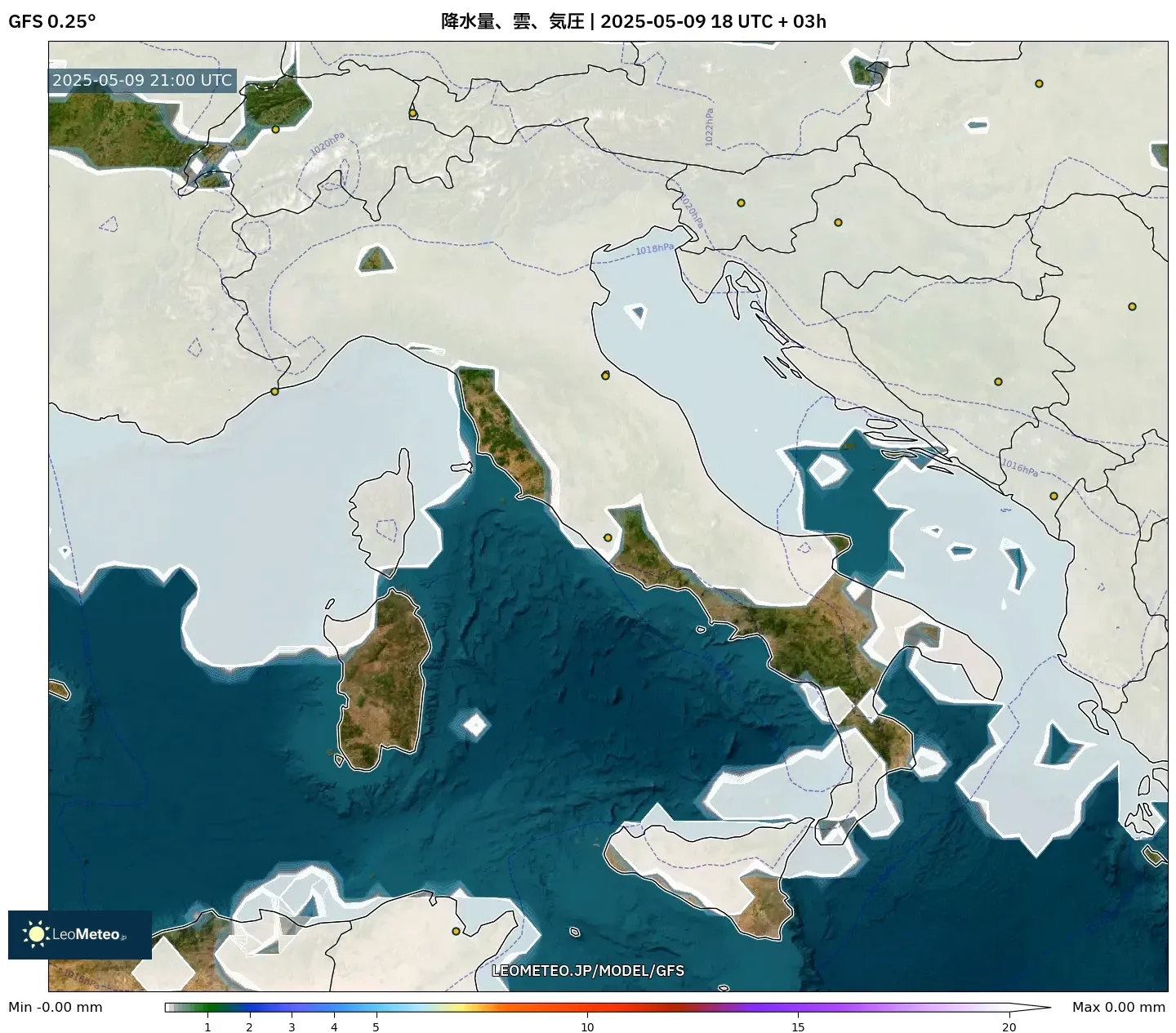 GFS - イタリア, 降水量、雲、気圧 GFS - イタリア, 降水量、雲、気圧
