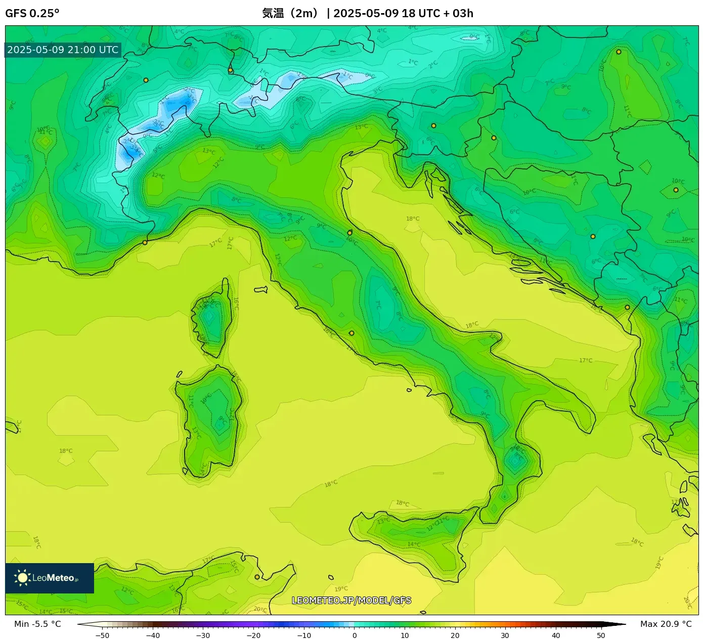 GFS - イタリア, 気温(2m) GFS - イタリア, 気温(2m)