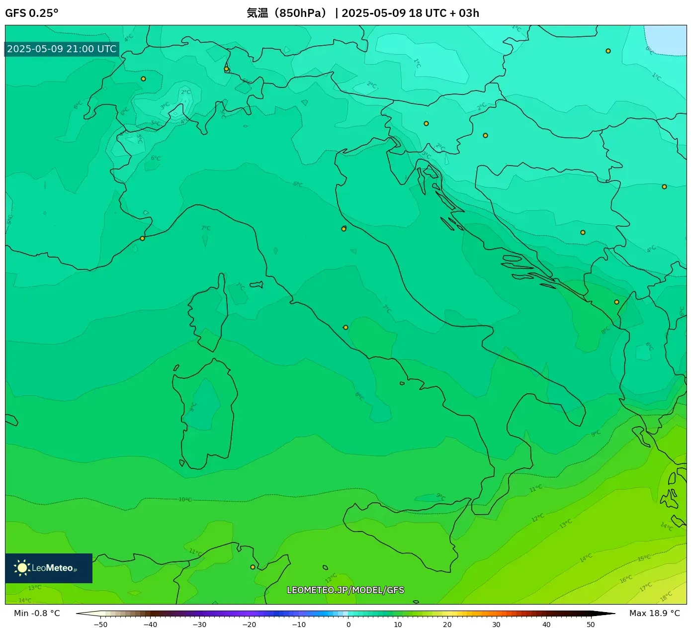 GFS - イタリア, 気温(850hPa) GFS - イタリア, 気温(850hPa)
