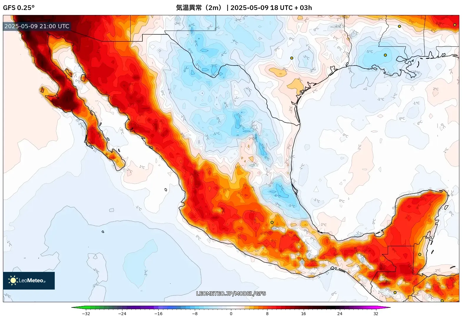 GFS - メキシコ, 気温異常(2m) GFS - メキシコ, 気温異常(2m)