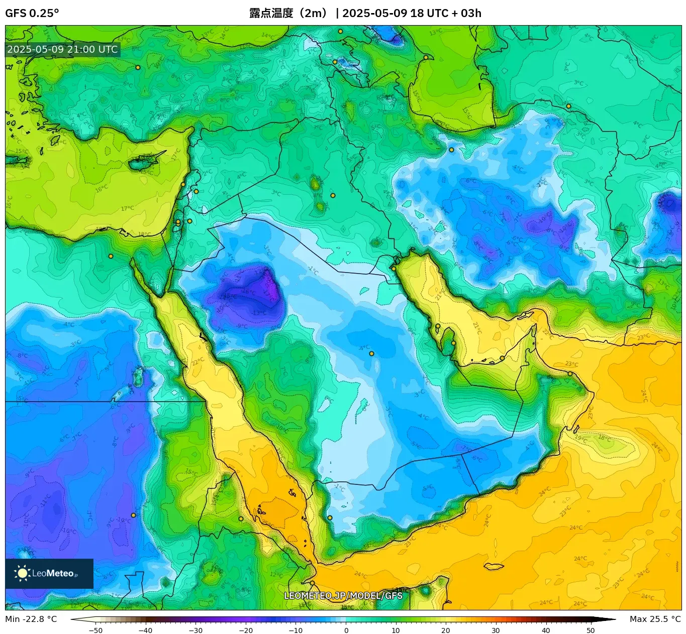 GFS - 中東, 露点温度(2m) GFS - 中東, 露点温度(2m)