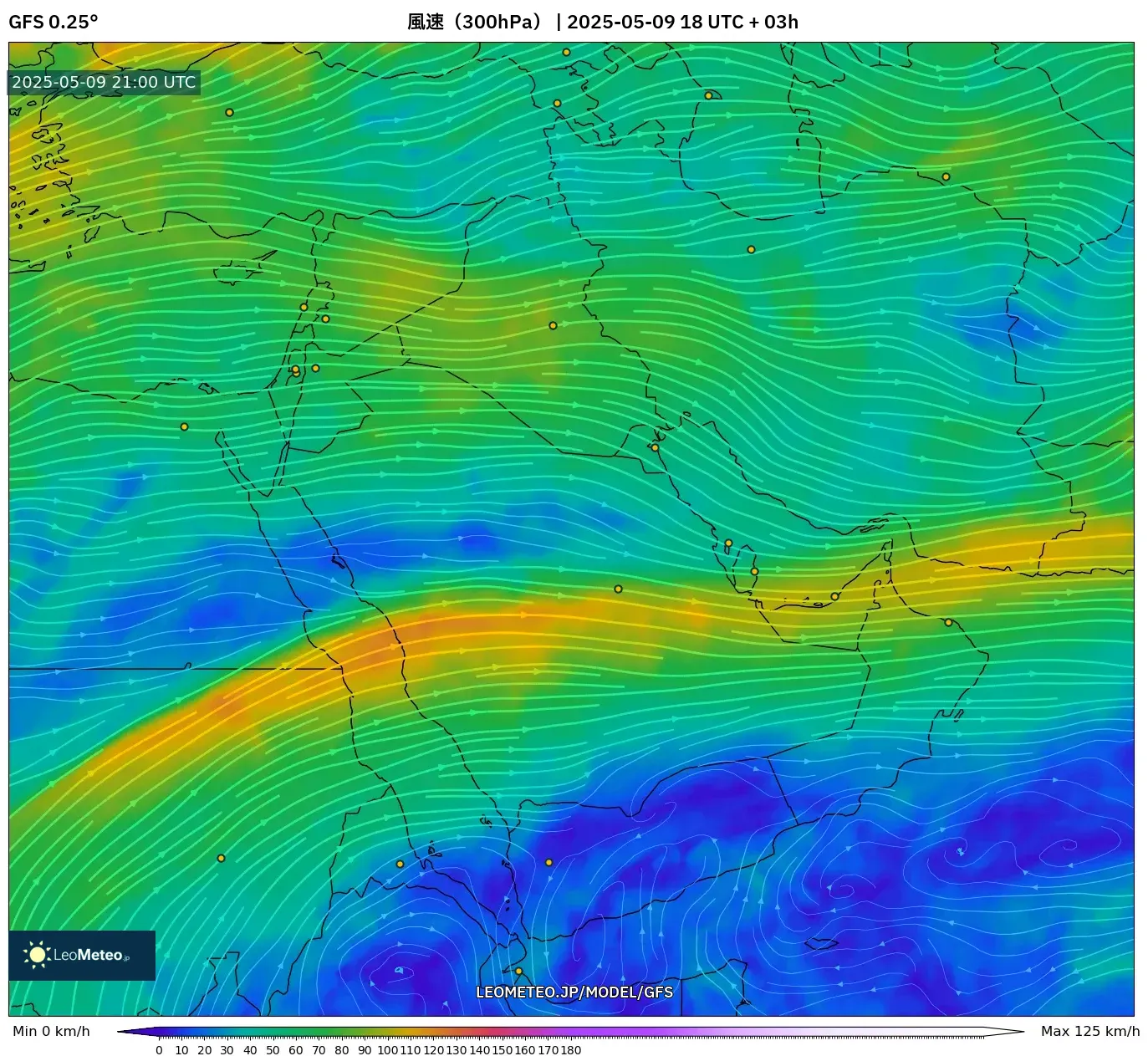 GFS - 中東, 風速(300hPa) GFS - 中東, 風速(300hPa)