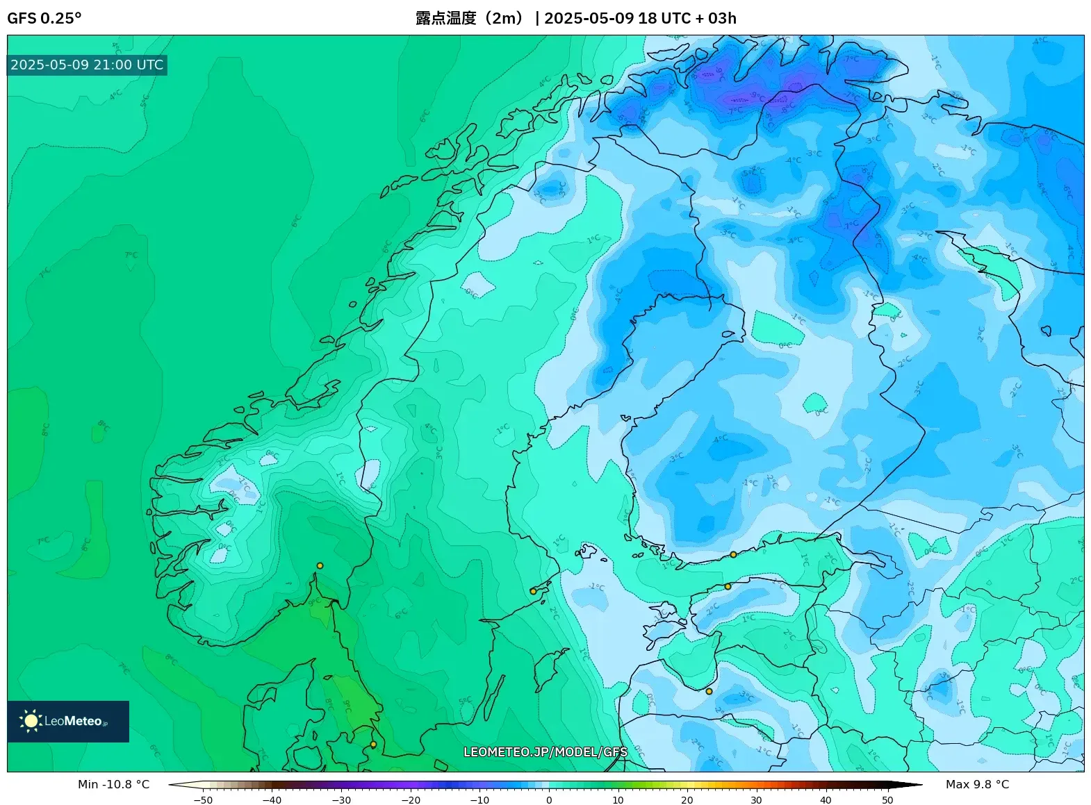 GFS - スカンジナビア, 露点温度(2m) GFS - スカンジナビア, 露点温度(2m)
