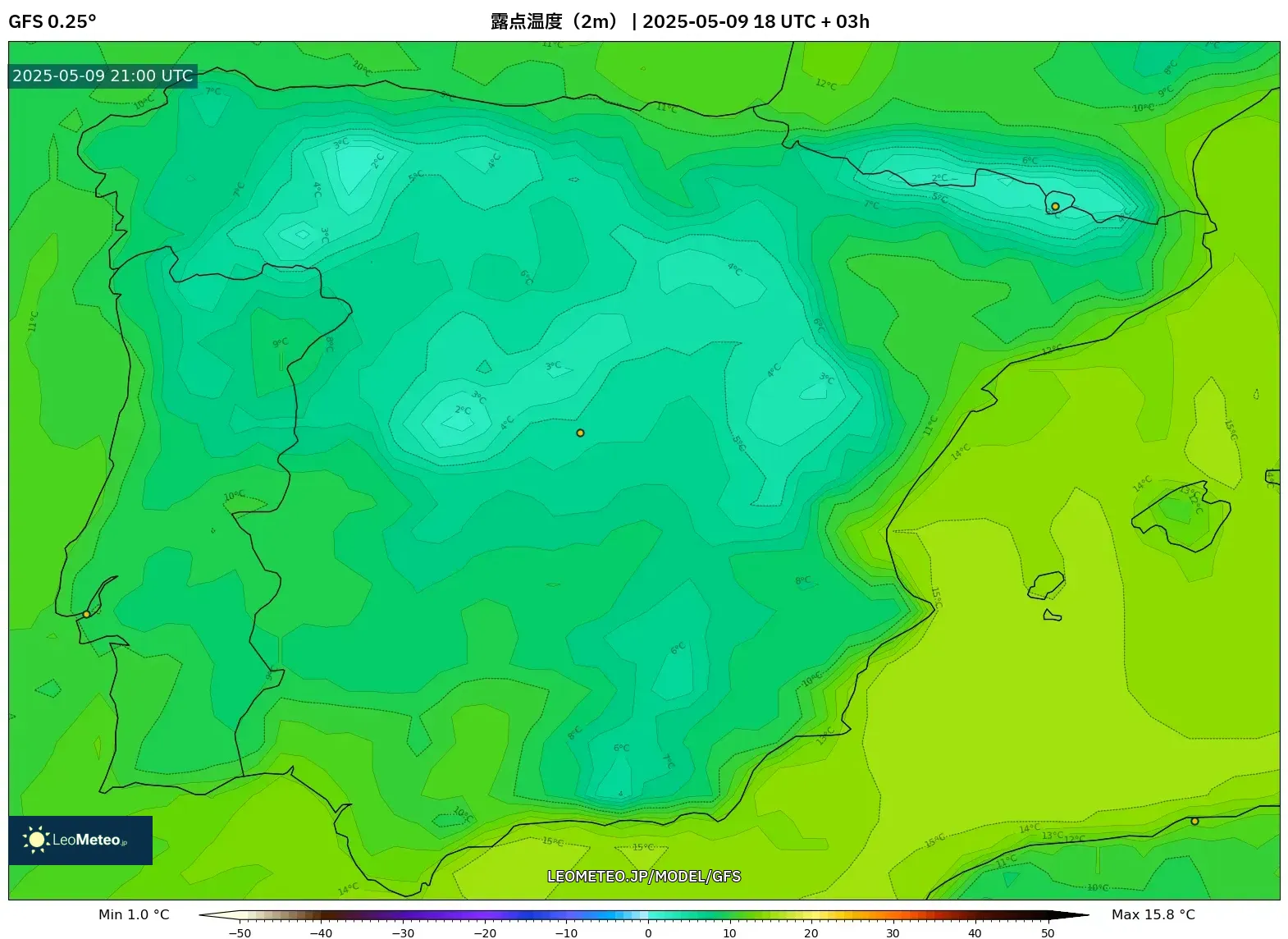GFS - スペイン, 露点温度(2m) GFS - スペイン, 露点温度(2m)