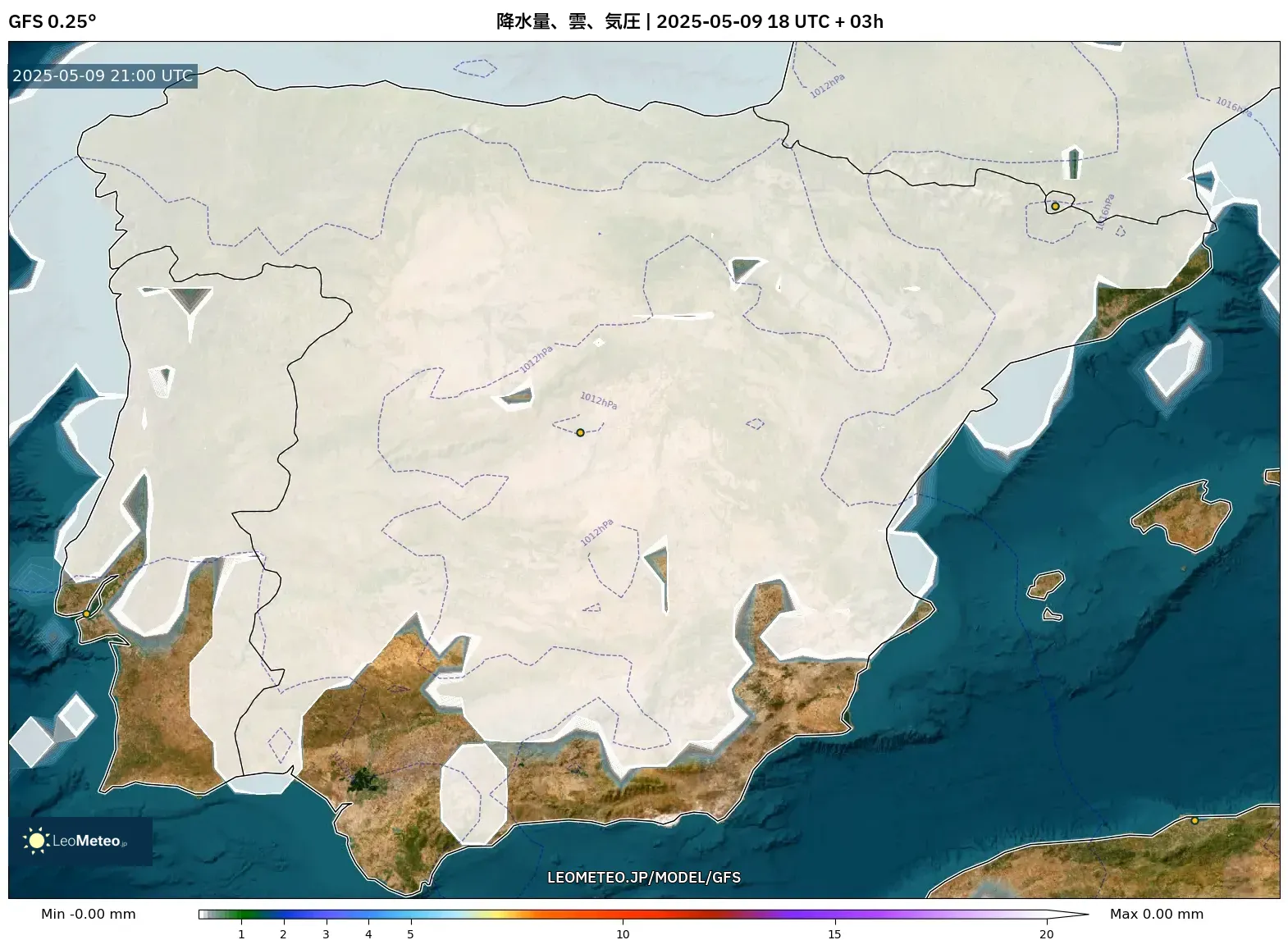 GFS - スペイン, 降水量、雲、気圧 GFS - スペイン, 降水量、雲、気圧