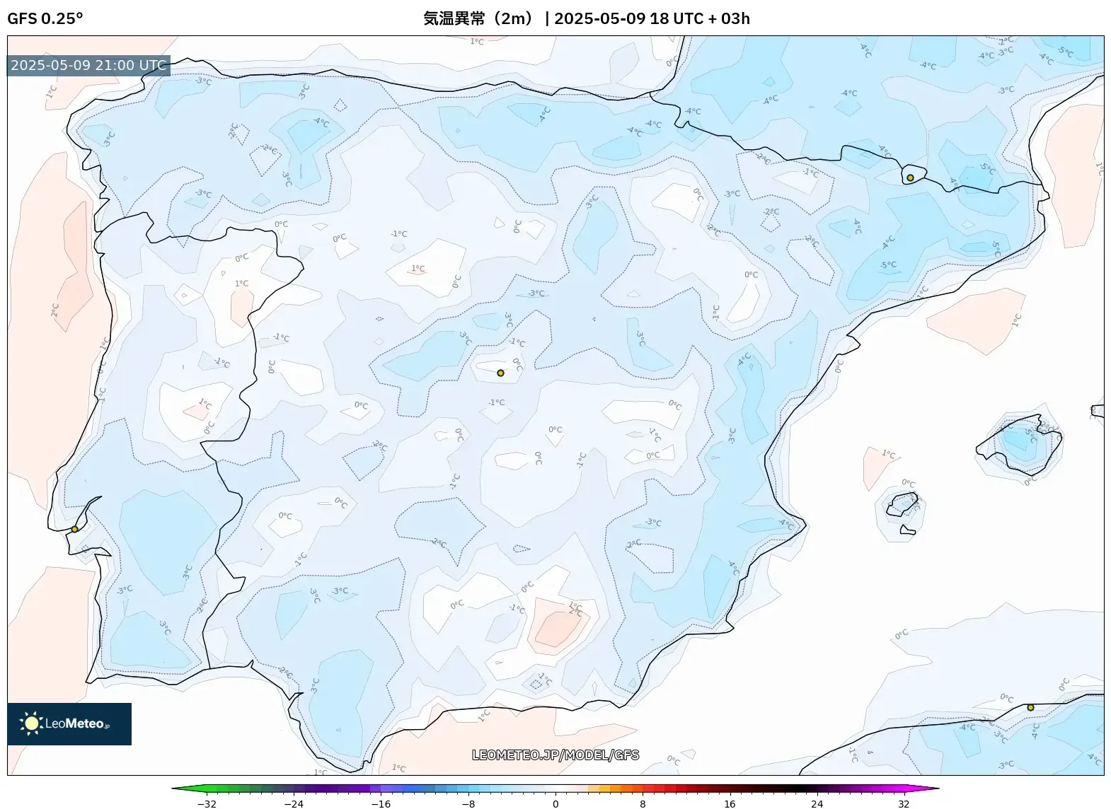 GFS - スペイン, 気温異常(2m) GFS - スペイン, 気温異常(2m)