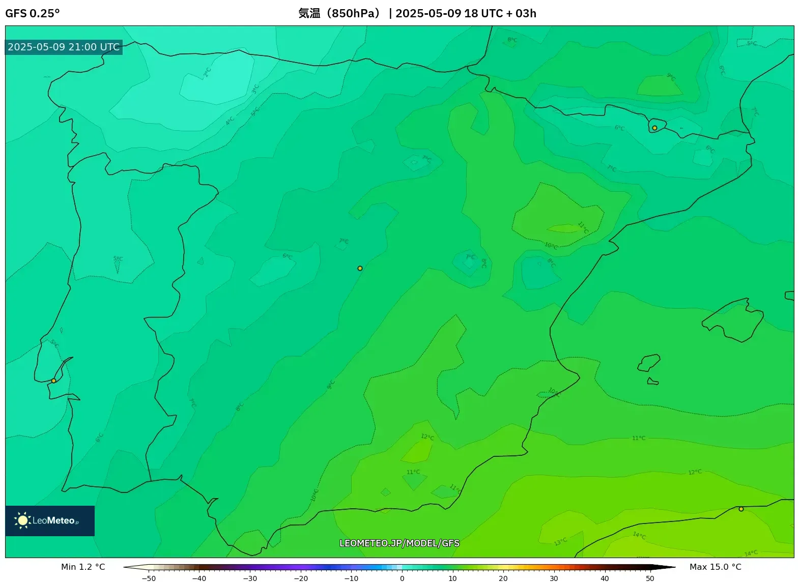 GFS - スペイン, 気温(850hPa) GFS - スペイン, 気温(850hPa)