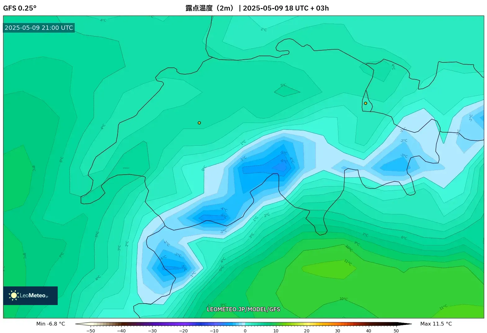 GFS - スイス, 露点温度(2m) GFS - スイス, 露点温度(2m)