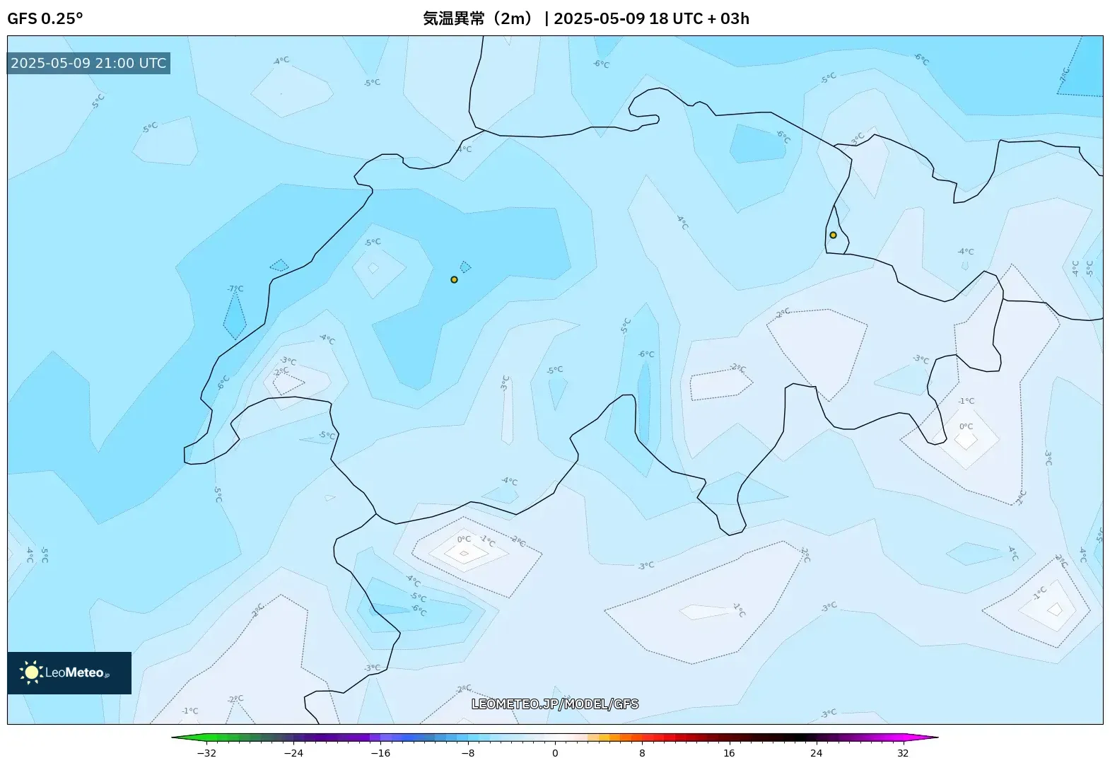 GFS - スイス, 気温異常(2m) GFS - スイス, 気温異常(2m)