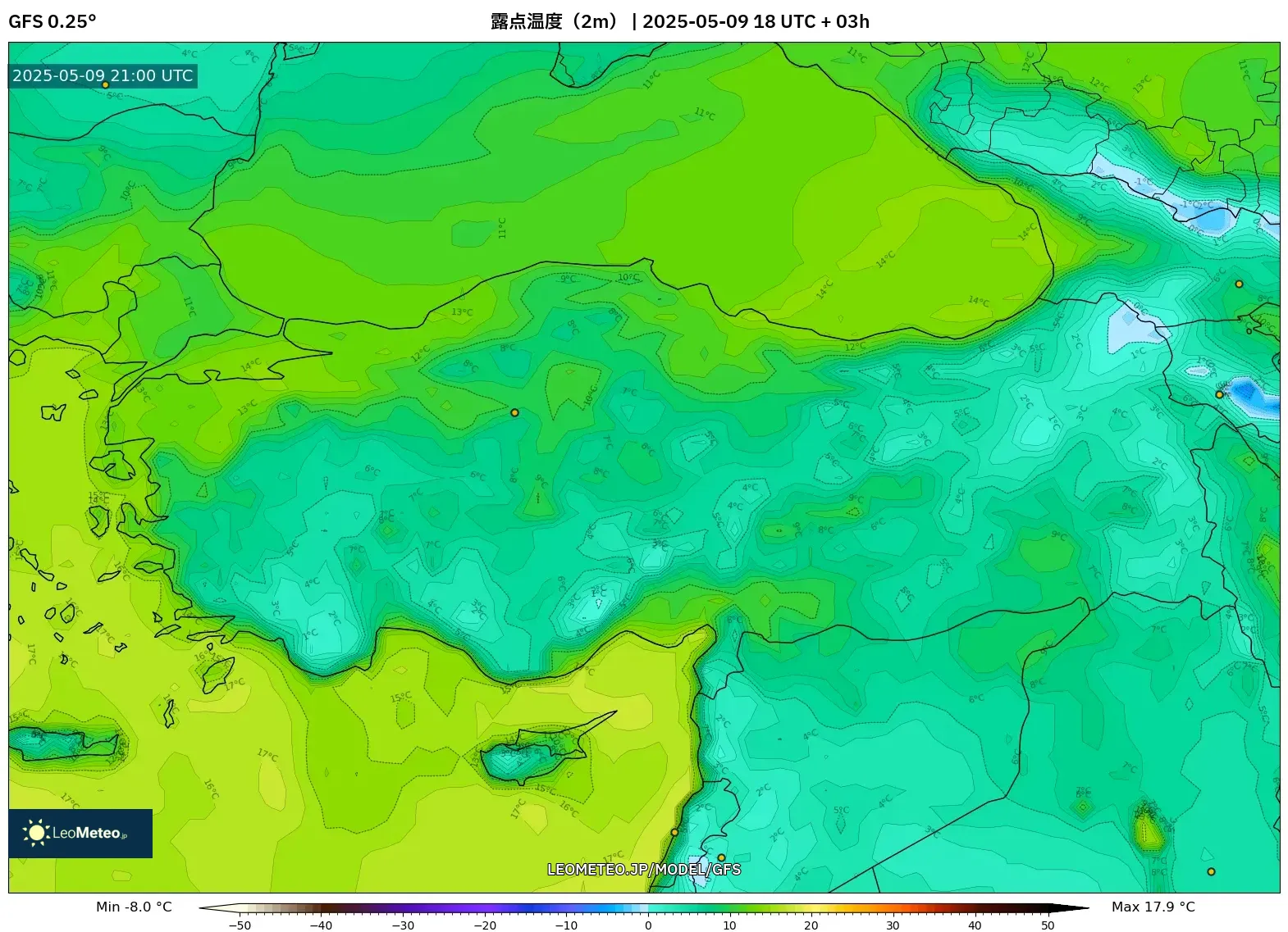 GFS - トルコ, 露点温度(2m) GFS - トルコ, 露点温度(2m)