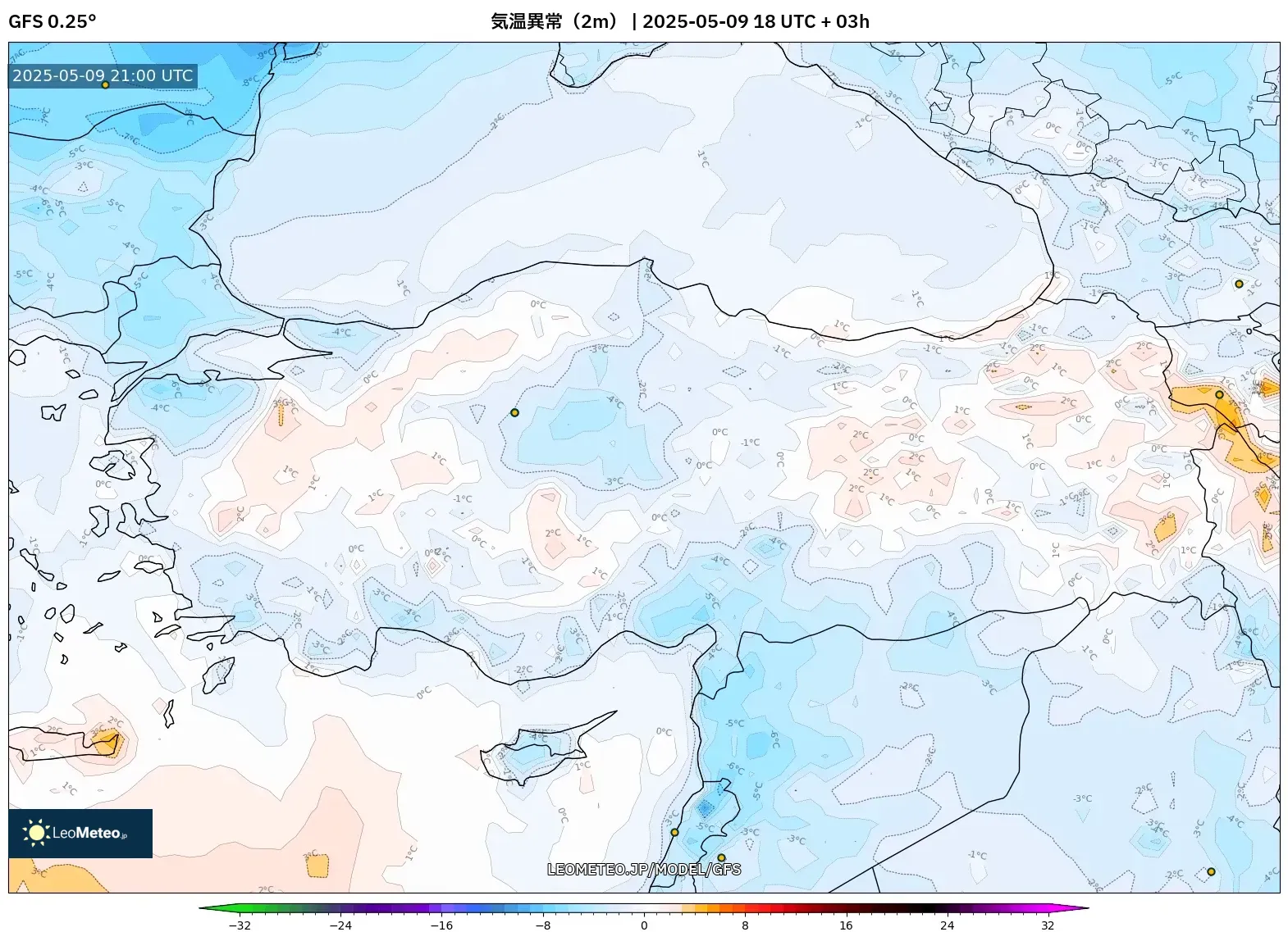 GFS - トルコ, 気温異常(2m) GFS - トルコ, 気温異常(2m)