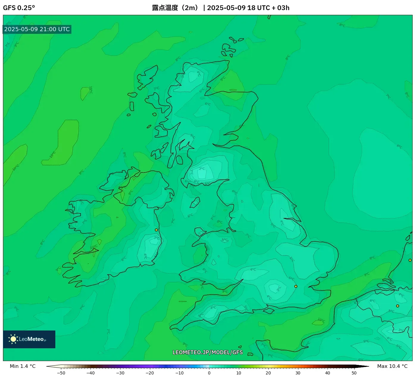 GFS - イギリス, 露点温度(2m) GFS - イギリス, 露点温度(2m)