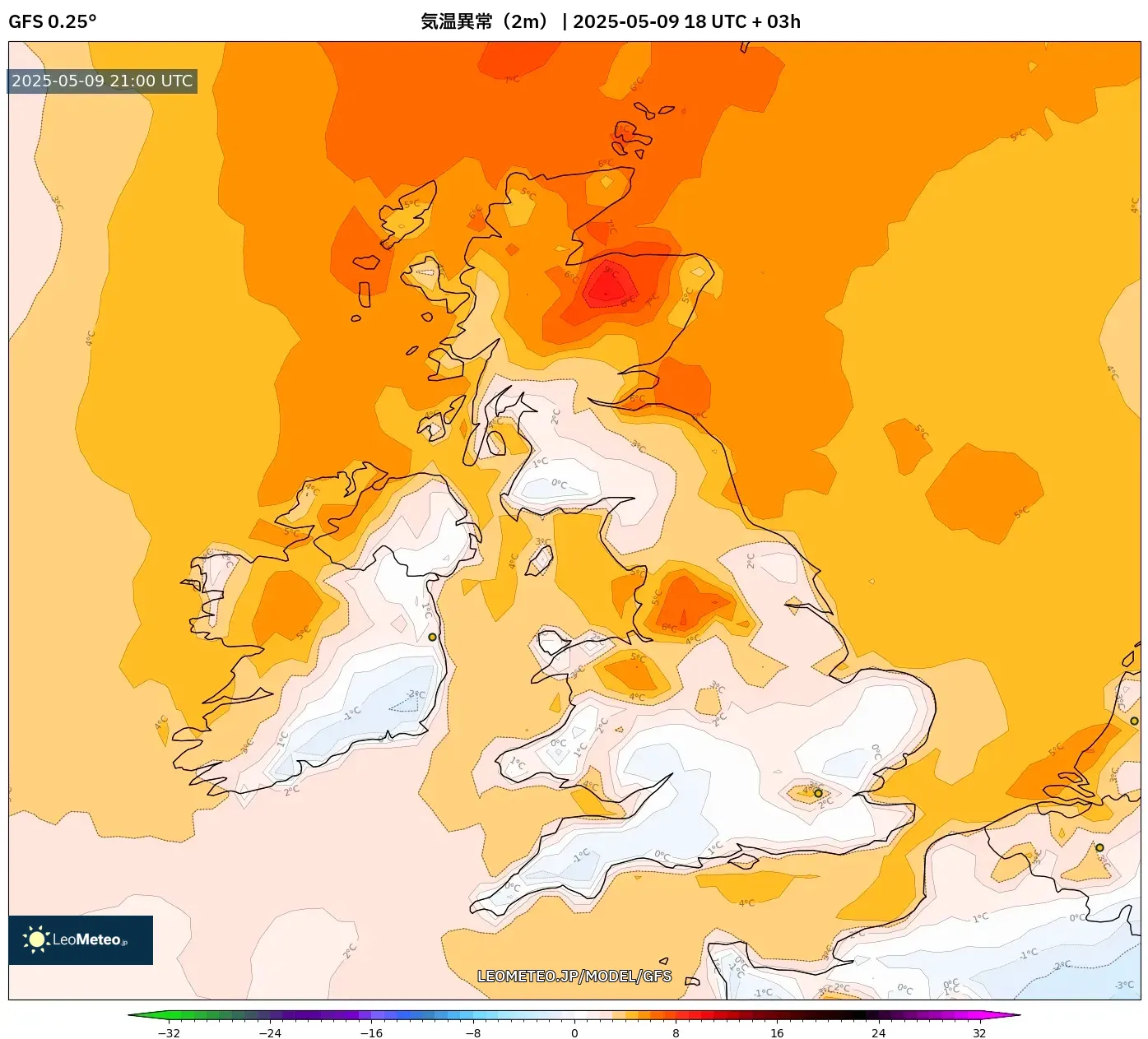 GFS - イギリス, 気温異常(2m) GFS - イギリス, 気温異常(2m)