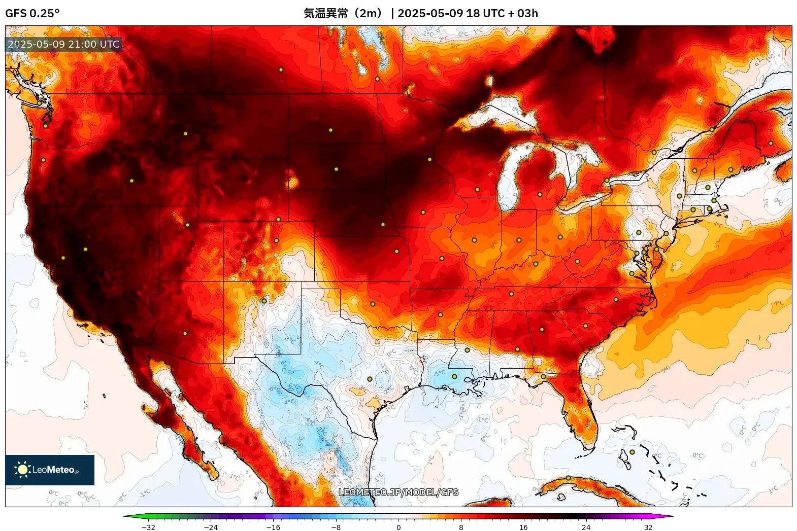 GFS - アメリカ合衆国, 気温異常(2m) GFS - アメリカ合衆国, 気温異常(2m)