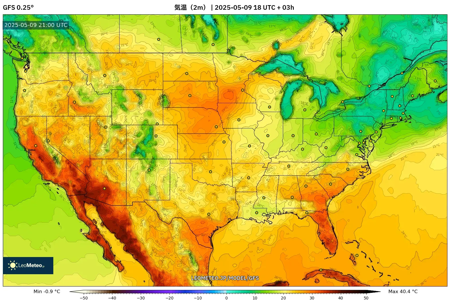 GFS - アメリカ合衆国, 気温(2m) GFS - アメリカ合衆国, 気温(2m)