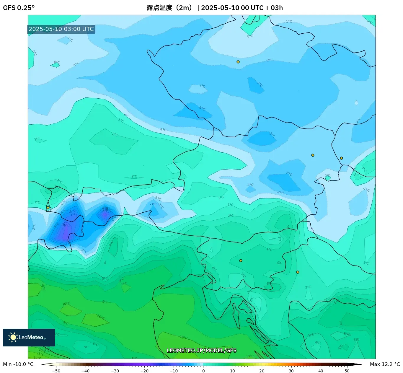 GFS - オーストリア, 露点温度(2m) GFS - オーストリア, 露点温度(2m)