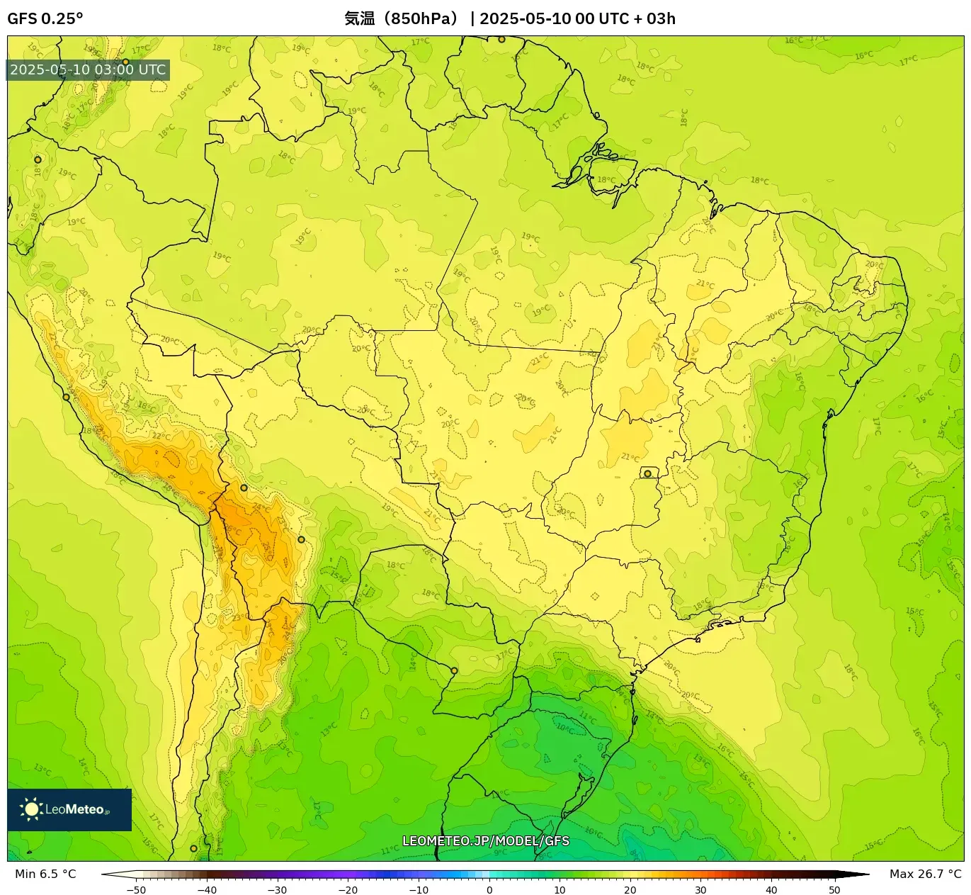 GFS - ブラジル, 気温(850hPa) GFS - ブラジル, 気温(850hPa)