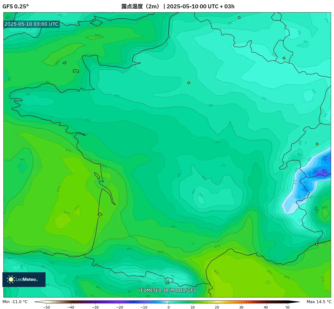 GFS - フランス, 露点温度(2m) GFS - フランス, 露点温度(2m)