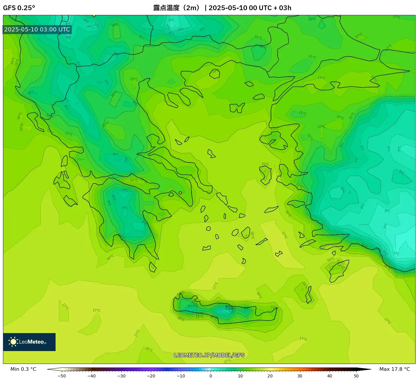 GFS - ギリシャ, 露点温度(2m) GFS - ギリシャ, 露点温度(2m)