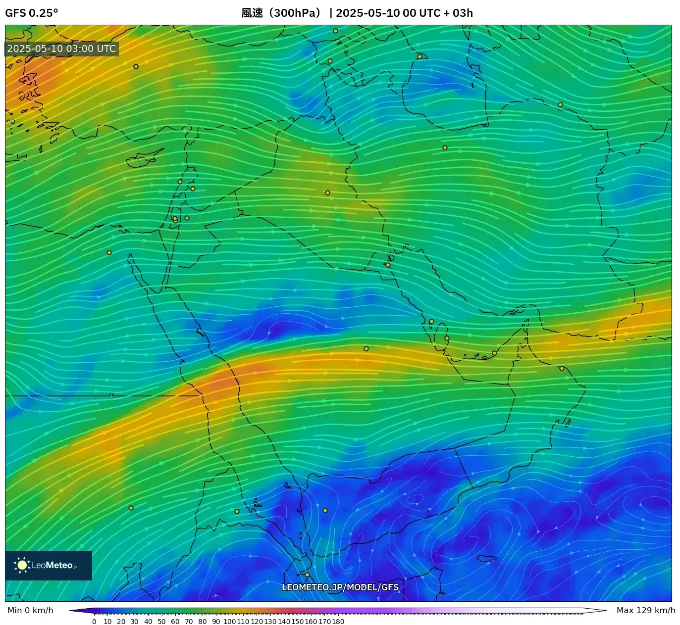 GFS - 中東, 風速(300hPa) GFS - 中東, 風速(300hPa)