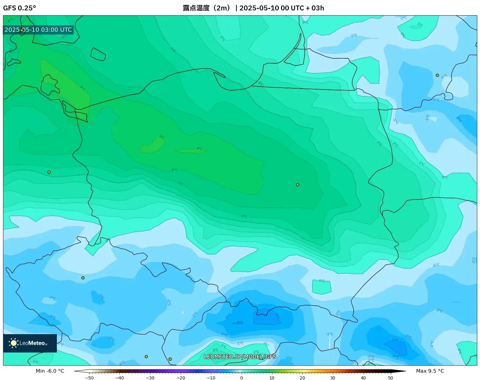 GFS - ポーランド, 露点温度(2m) GFS - ポーランド, 露点温度(2m)