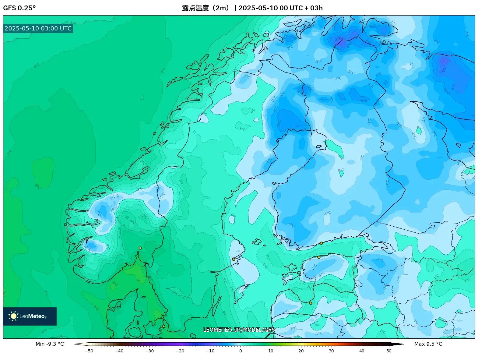 GFS - スカンジナビア, 露点温度(2m) GFS - スカンジナビア, 露点温度(2m)
