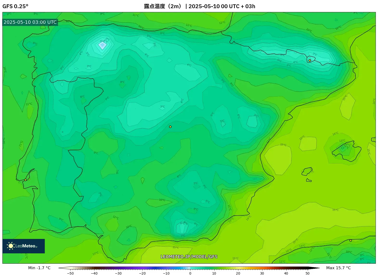 GFS - スペイン, 露点温度(2m) GFS - スペイン, 露点温度(2m)
