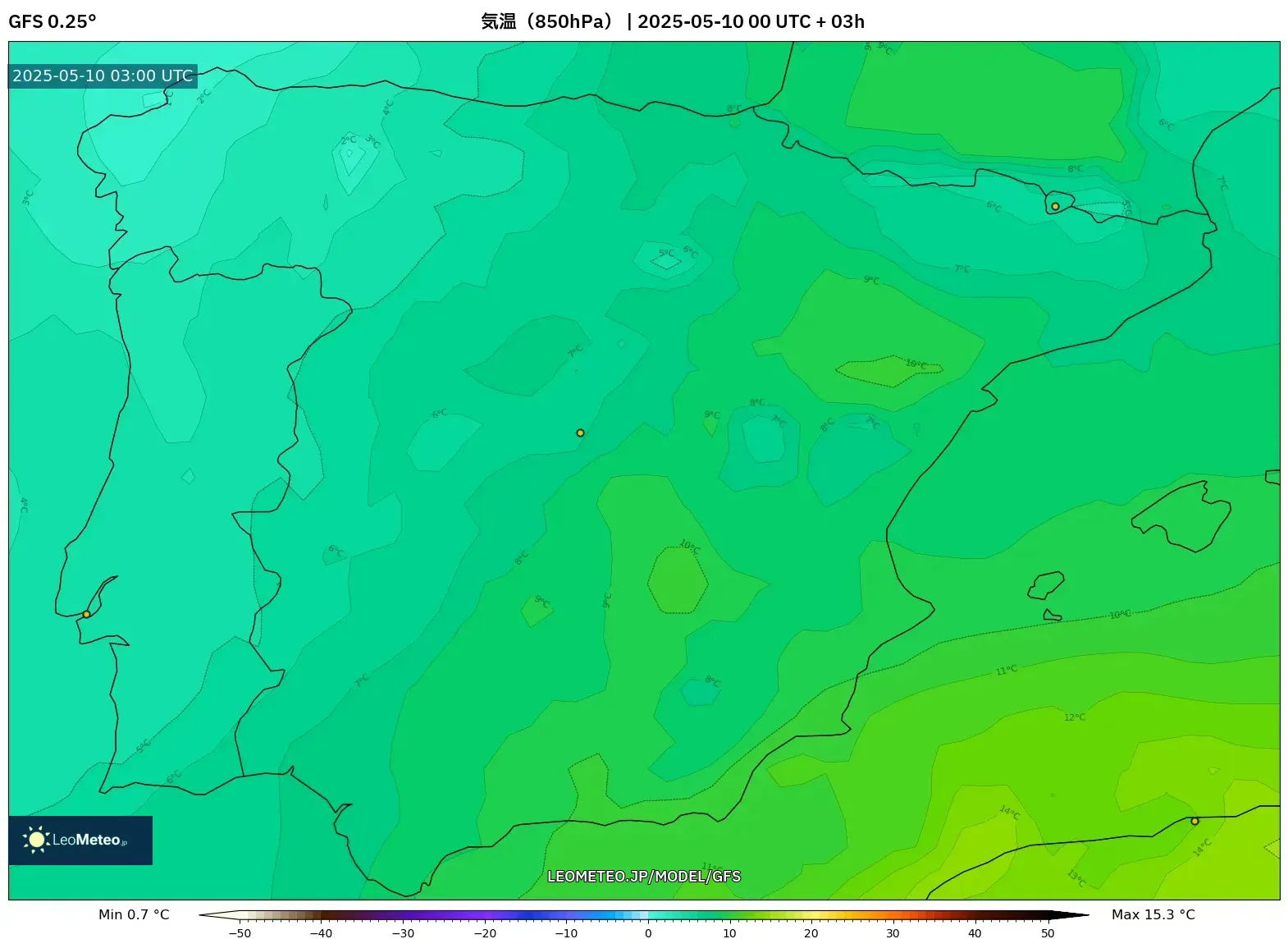 GFS - スペイン, 気温(850hPa) GFS - スペイン, 気温(850hPa)