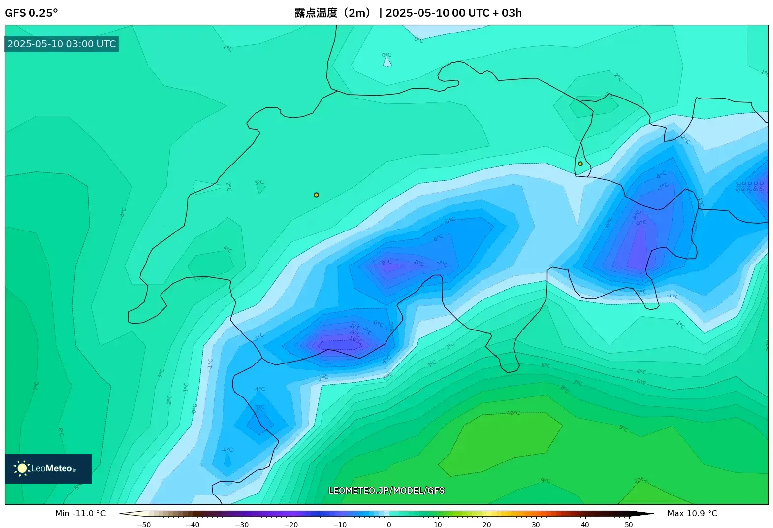 GFS - スイス, 露点温度(2m) GFS - スイス, 露点温度(2m)