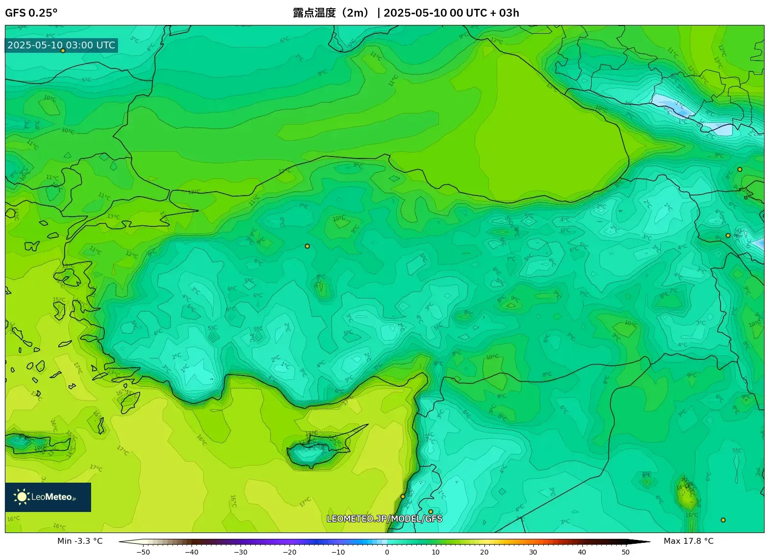 GFS - トルコ, 露点温度(2m) GFS - トルコ, 露点温度(2m)
