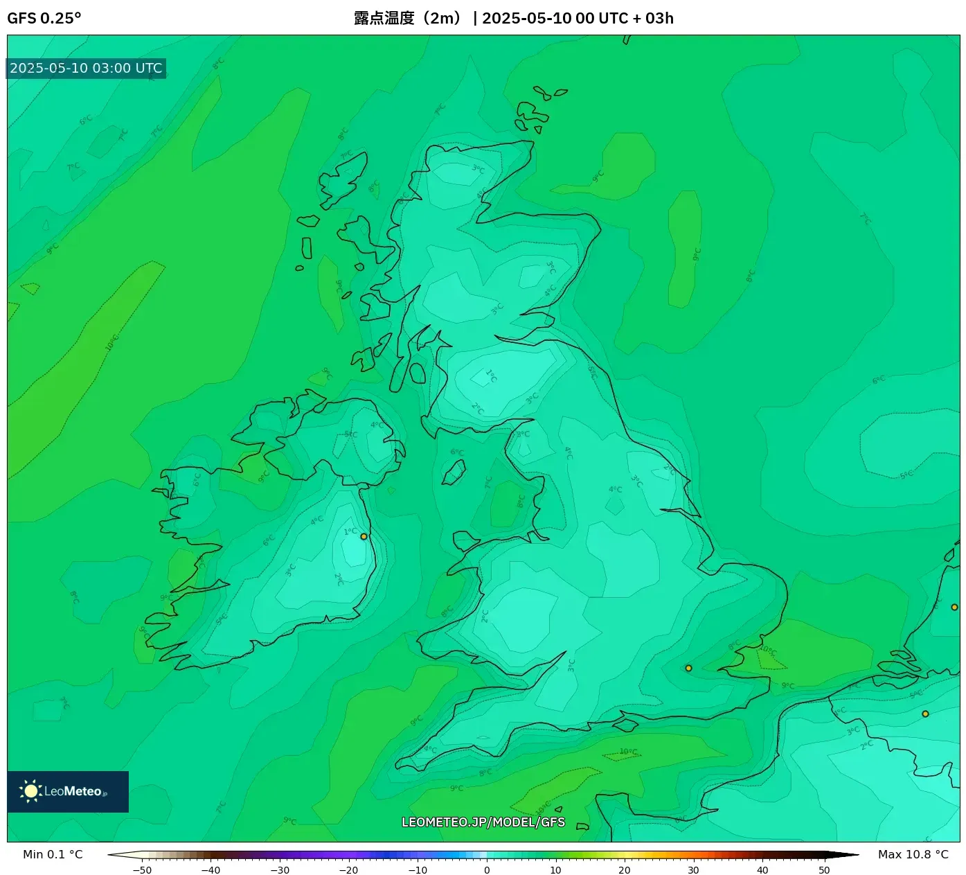 GFS - イギリス, 露点温度(2m) GFS - イギリス, 露点温度(2m)