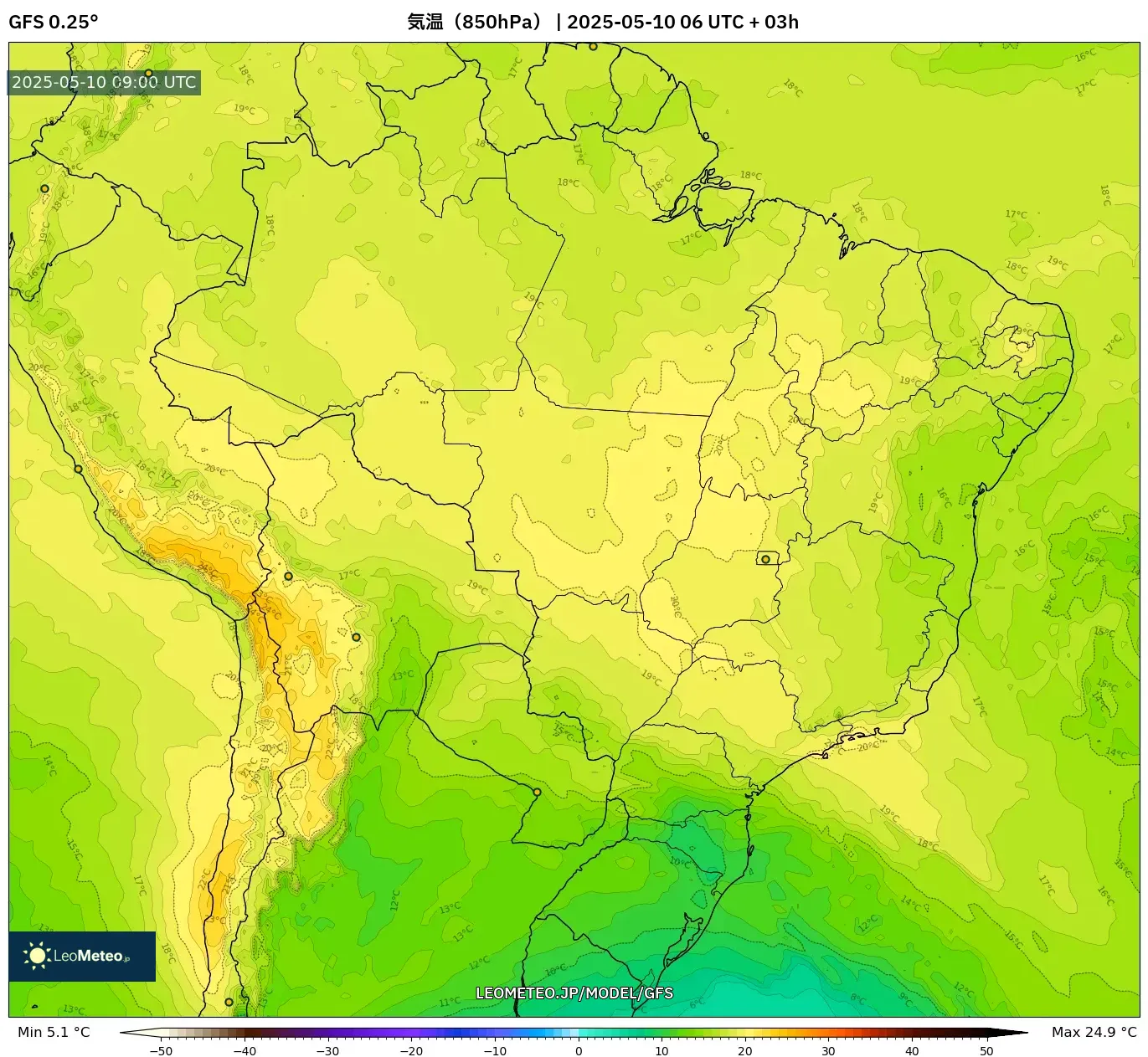 GFS - ブラジル, 気温(850hPa) GFS - ブラジル, 気温(850hPa)