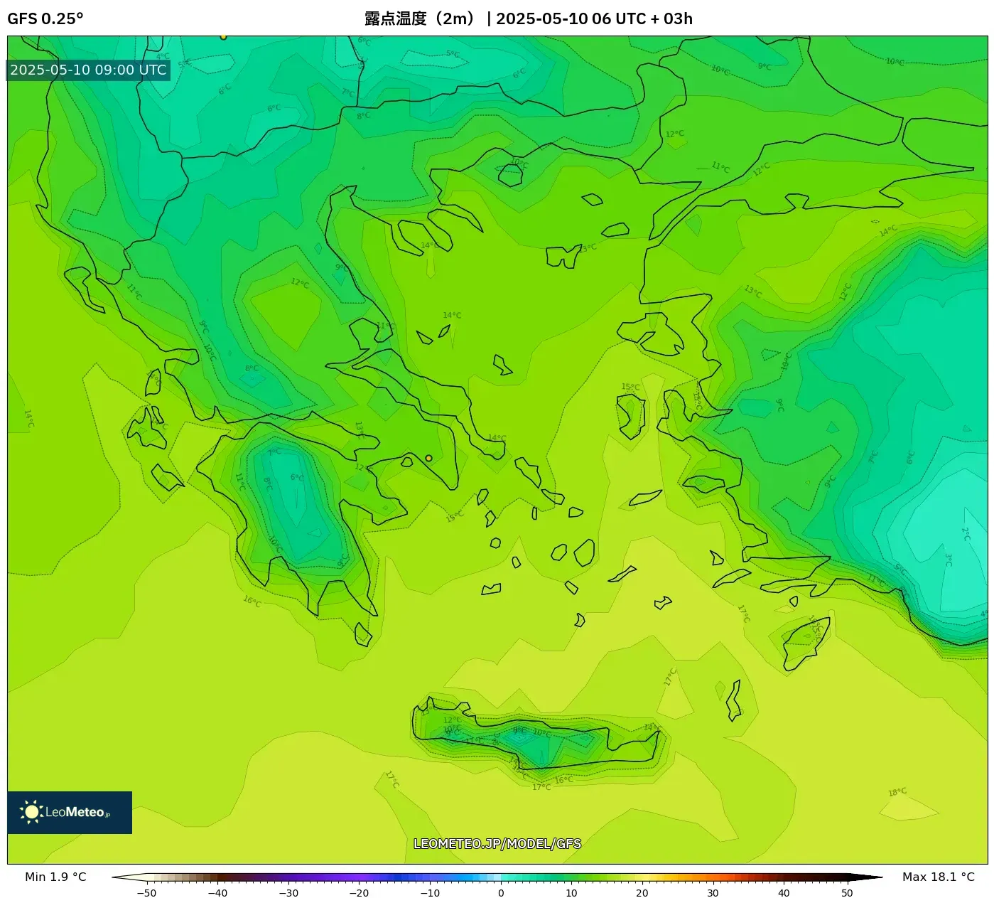 GFS - ギリシャ, 露点温度(2m) GFS - ギリシャ, 露点温度(2m)