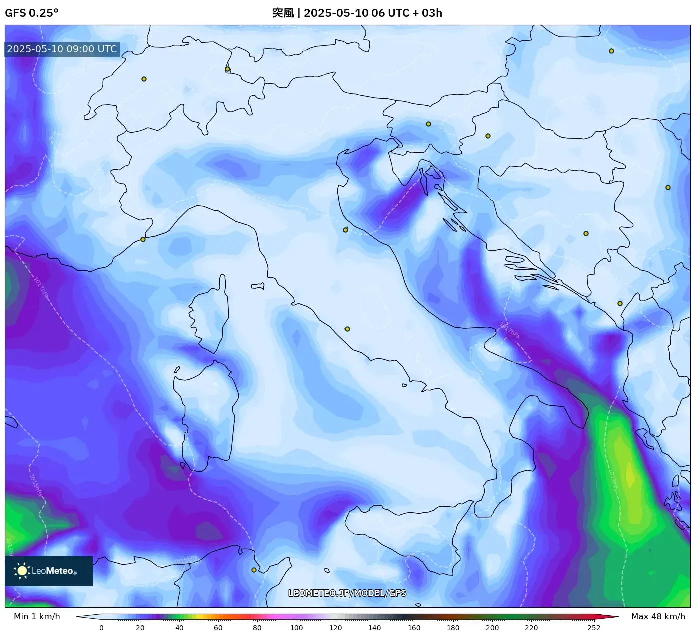 GFS - イタリア, 突風 GFS - イタリア, 突風