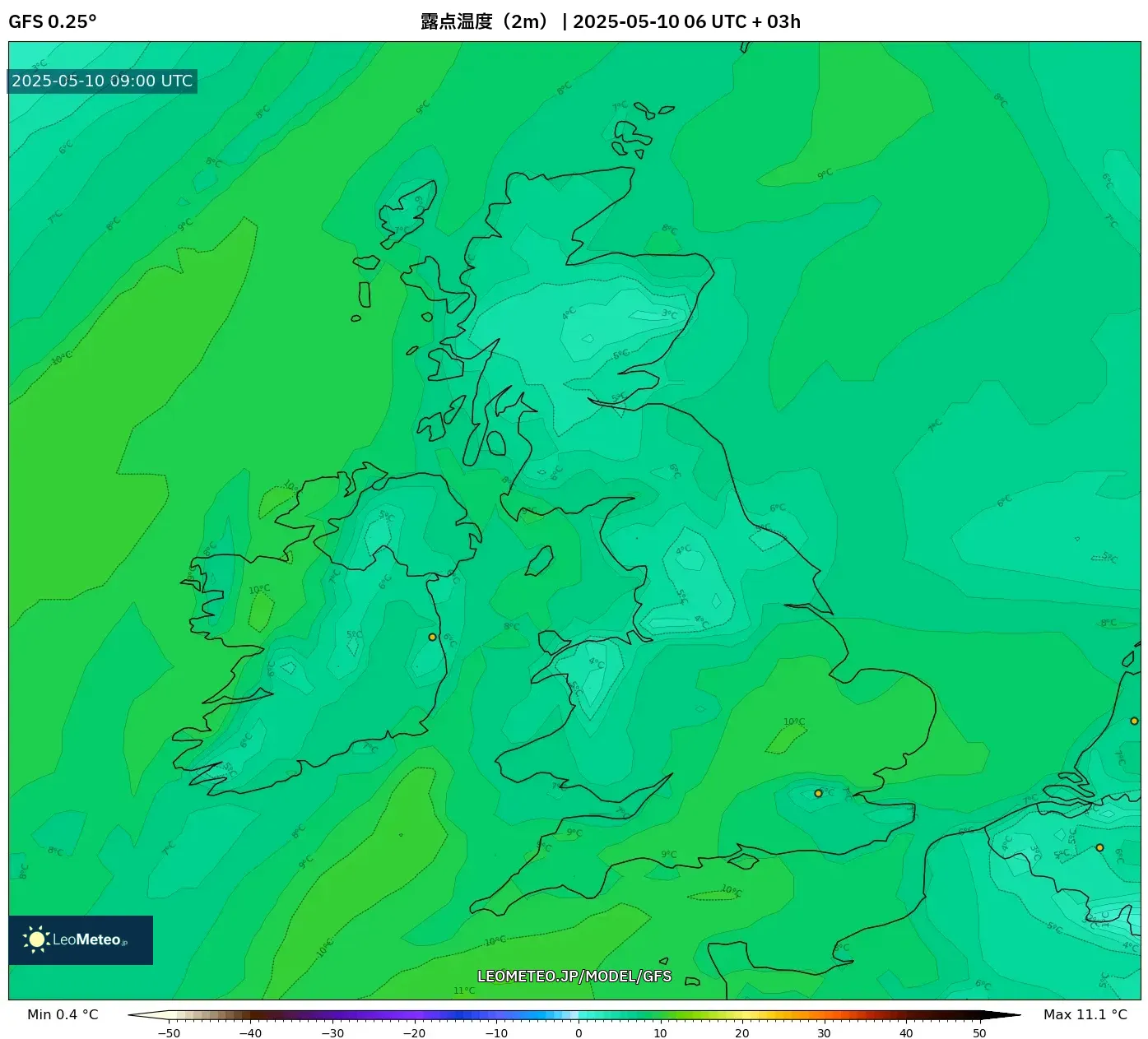 GFS - イギリス, 露点温度(2m) GFS - イギリス, 露点温度(2m)