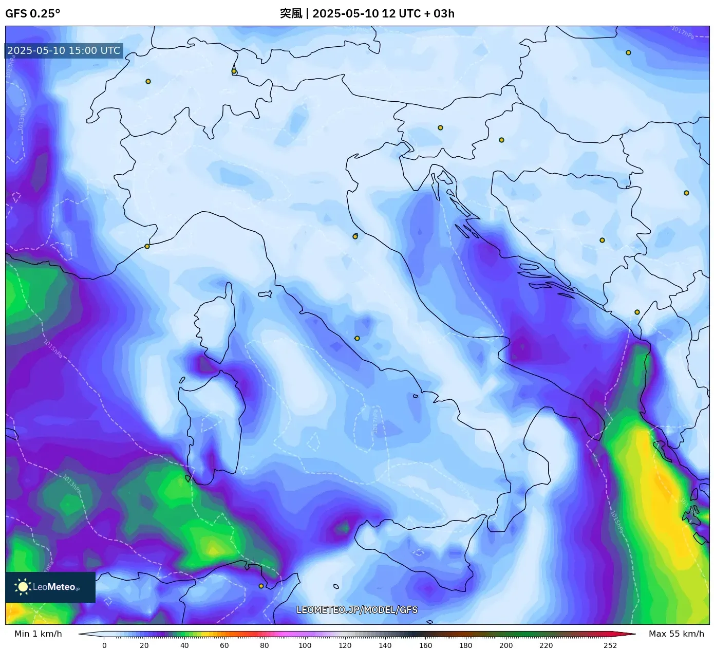 GFS - イタリア, 突風 GFS - イタリア, 突風