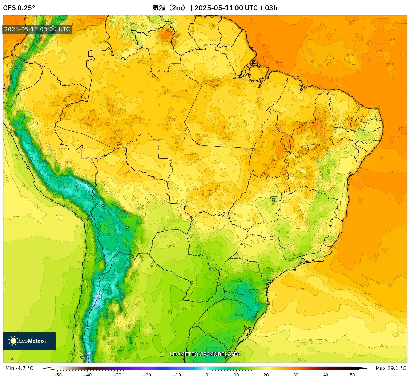 GFS - ブラジル, 気温(2m) GFS - ブラジル, 気温(2m)