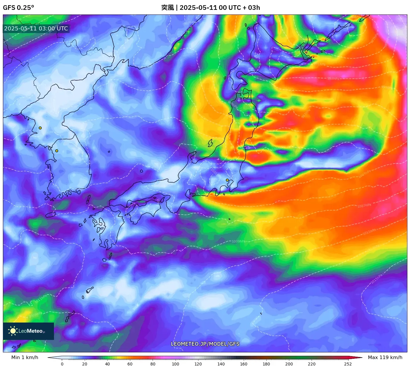 GFS - 日本, 突風 GFS - 日本, 突風