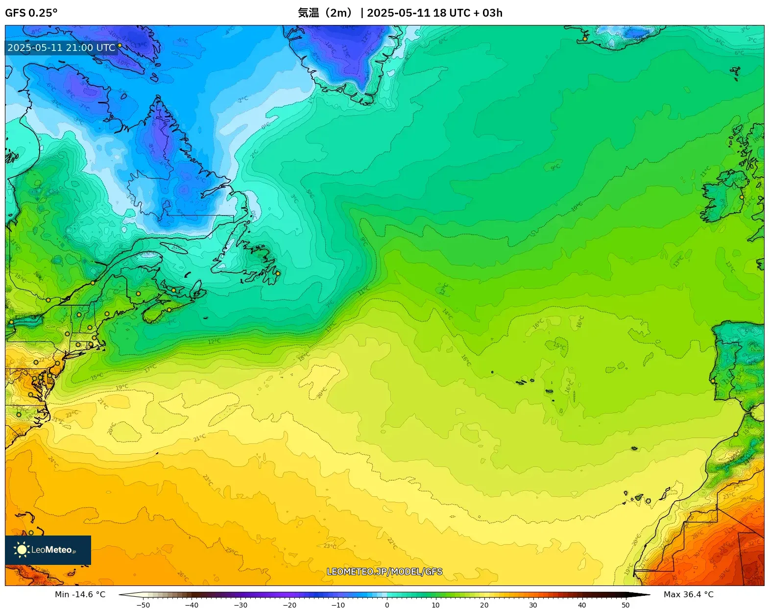 GFS - 北大西洋, 気温(2m) GFS - 北大西洋, 気温(2m)
