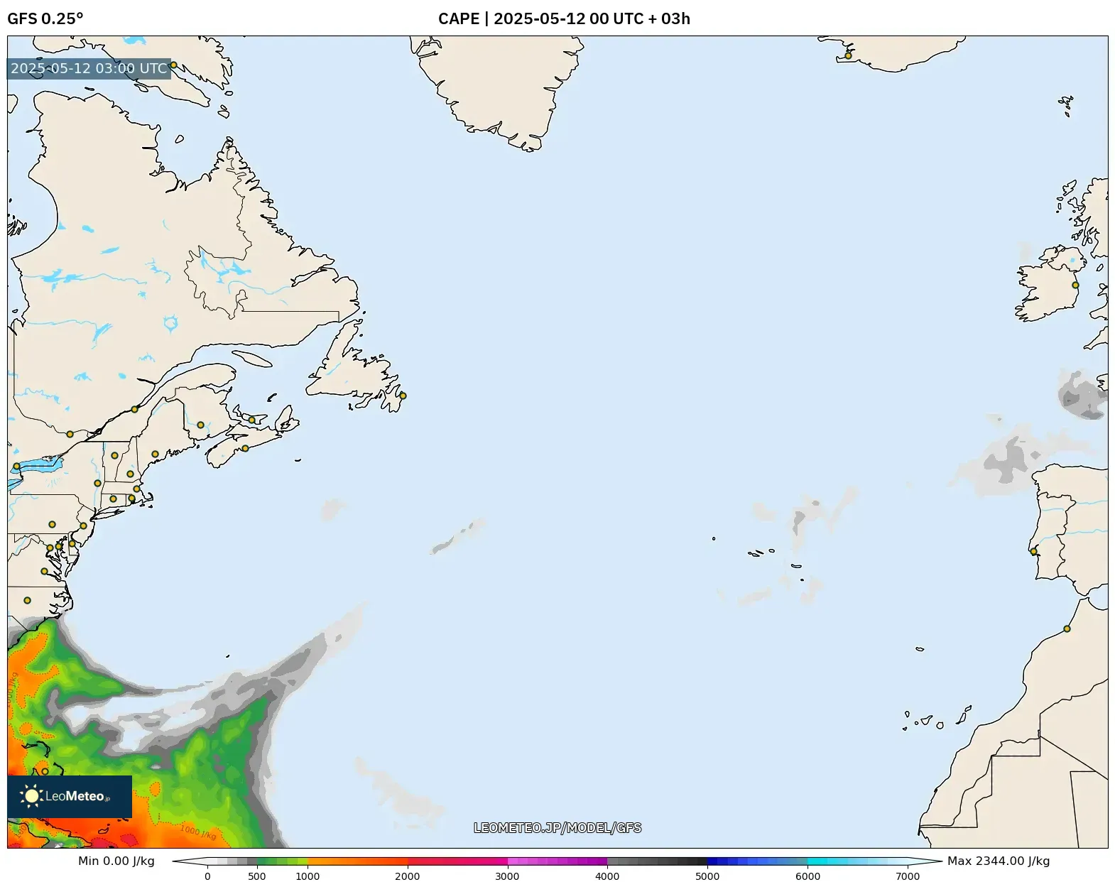 GFS - 北大西洋, CAPE GFS - 北大西洋, CAPE