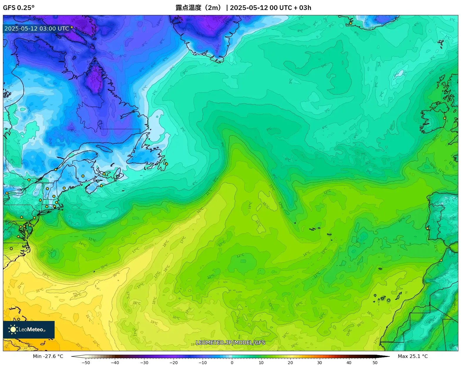 GFS - 北大西洋, 露点温度(2m) GFS - 北大西洋, 露点温度(2m)
