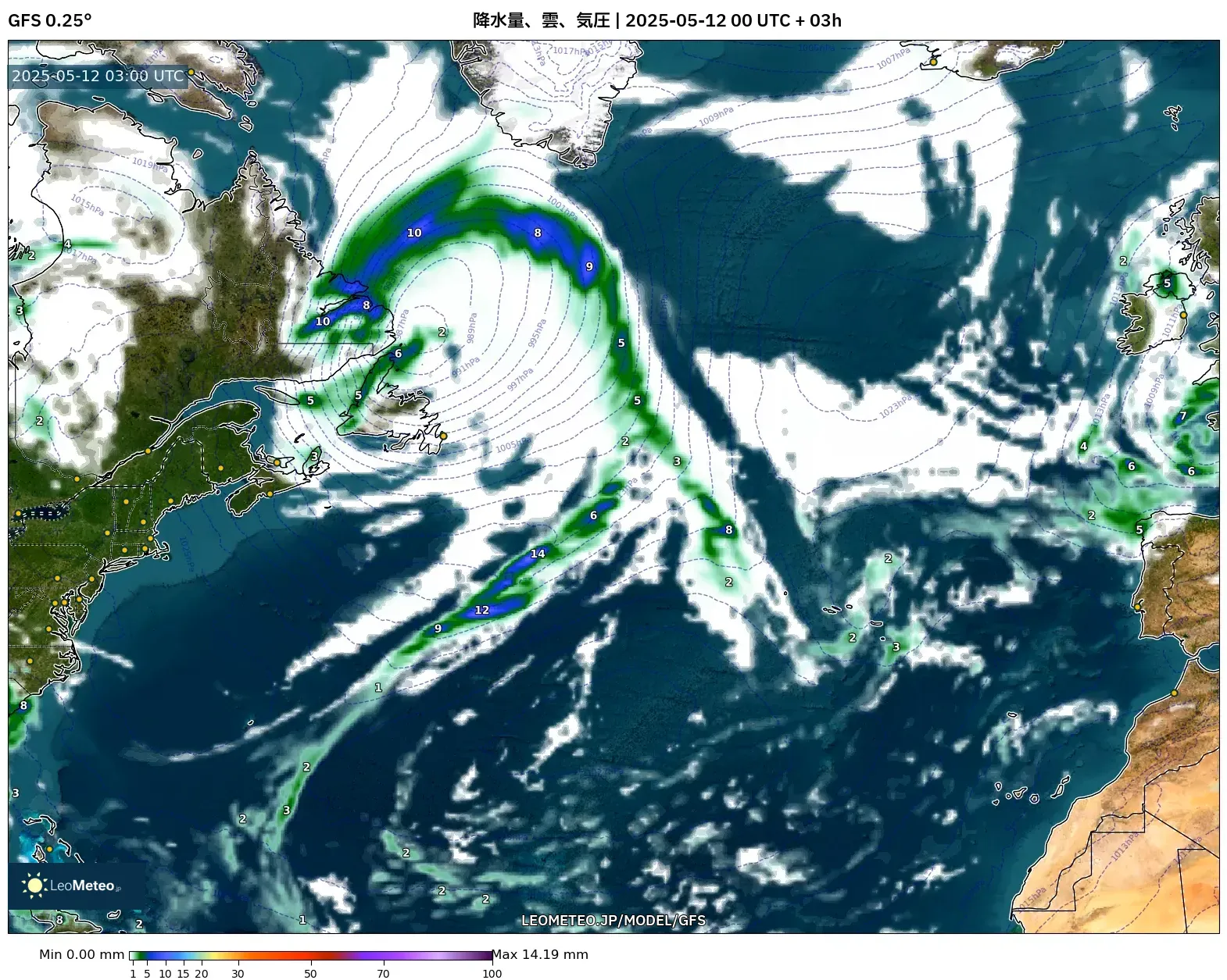 GFS - 北大西洋, 降水量、雲、気圧 GFS - 北大西洋, 降水量、雲、気圧