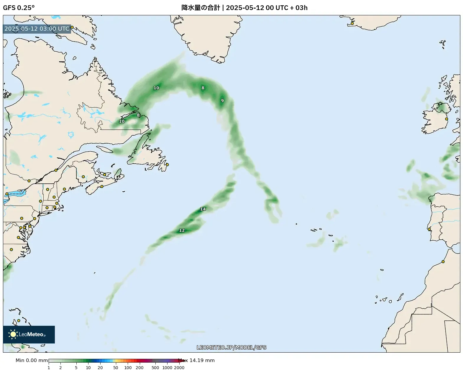 GFS - 北大西洋, 降水量の合計 GFS - 北大西洋, 降水量の合計