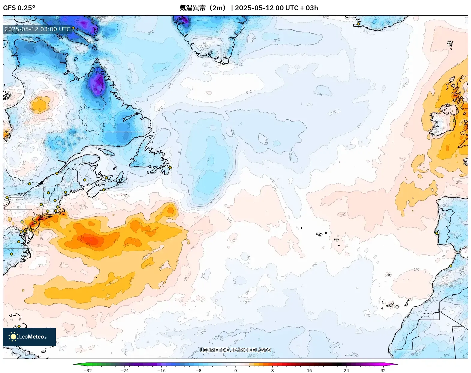 GFS - 北大西洋, 気温異常(2m) GFS - 北大西洋, 気温異常(2m)